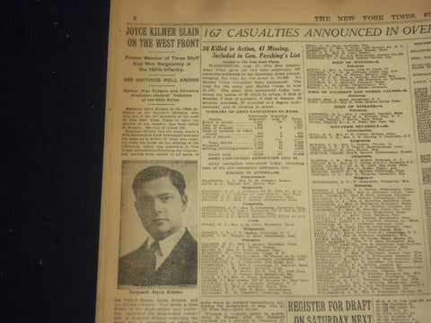 1918 AUGUST 18 NEW YORK TIMES - JOYCE KILMER SLAIN ON THE WEST FRONT - NT 9207