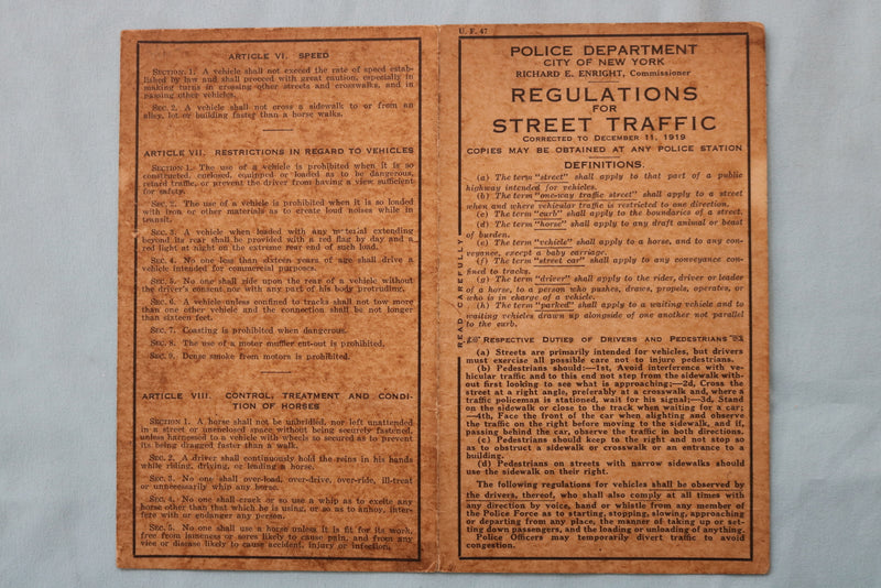 1919 POLICE DEPT. REGULATIONS FOR STREE TRAFFIC IN NEW YORK CITY - K 2569