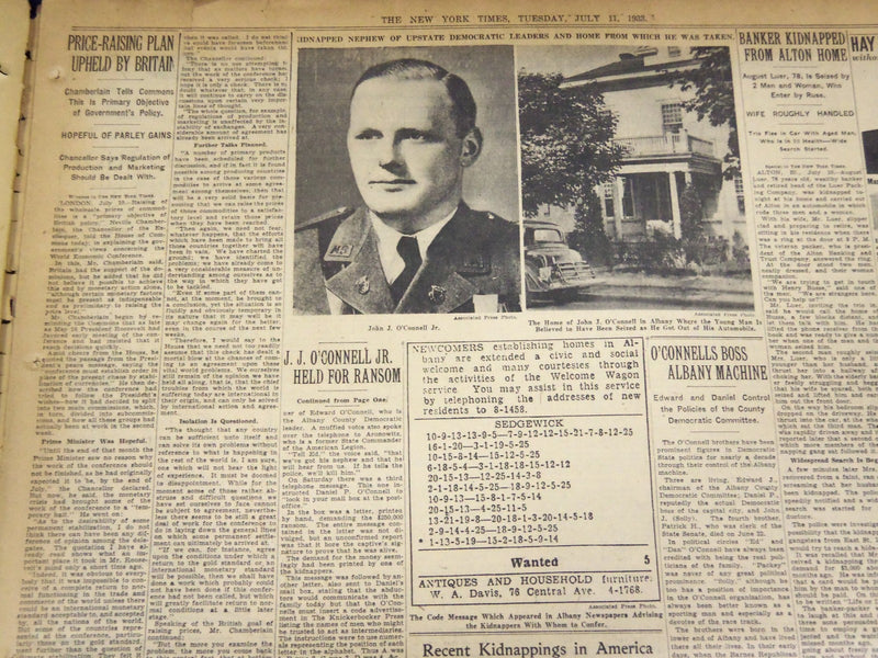 1933 JULY 11 NEW YORK TIMES - J. J. O'CONNELL JR. KIDNAPPED - NT 3868