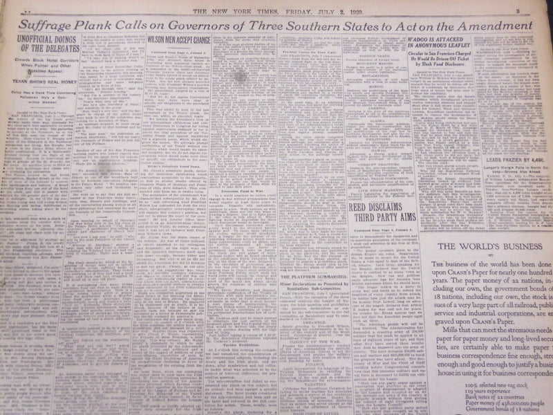 1920 JUL 2 NEW YORK TIMES - CONVENTION IN NIGHT SESSION AWAITS PLATFORM- NT 5329