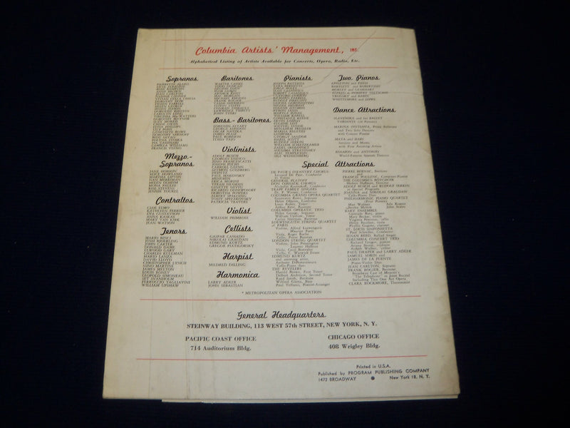 1952 RUTH MATA AND EUGENE HARI AND COMPANY PROGRAM - NEW YORK - J 5032