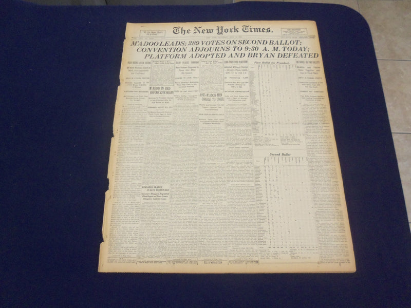 1920 JULY 3 NEW YORK TIMES - M'ADOO LEADS, 289 VOTES ON SECOND BALLOT - NT 9319