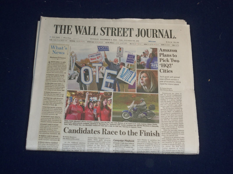 2018 NOVEMBER 6 WALL STREET JOURNAL NEWSPAPER - MIDTERM ELECTION RACE TO FINISH