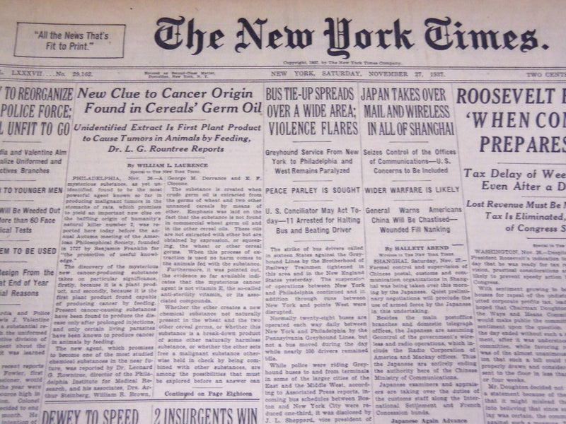 1937 NOV 27 NEW YORK TIMES - NEW CLUE TO CANCER ORIGIN FOUND IN CEREALS- NT 1286