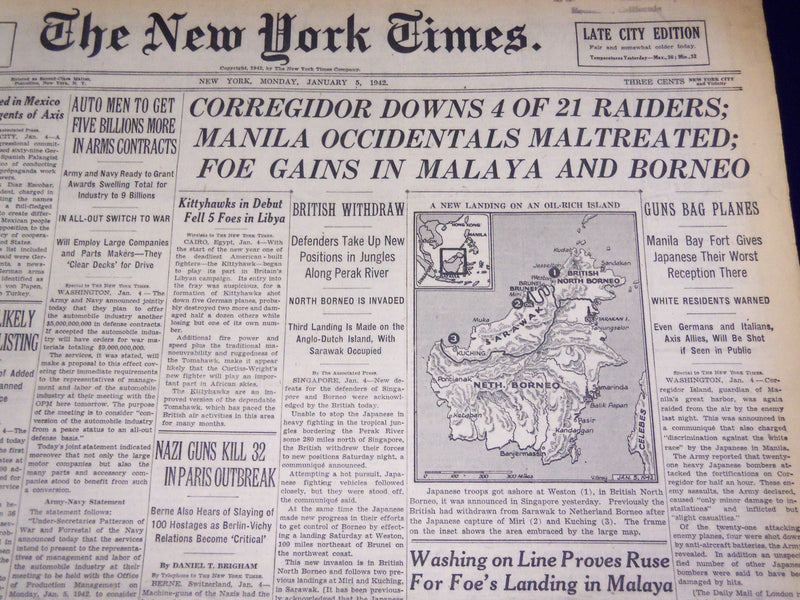1942 JANUARY 5 NEW YORK TIMES - CORREGIDOR DOWNS 4 OF 21 RAIDERS - NT 1532