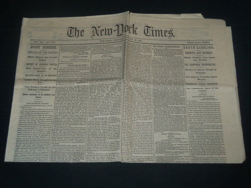 1865 JANUARY 19 NEW YORK TIMES NEWSPAPER - FORT FISHER CAPTURED - NP 3986