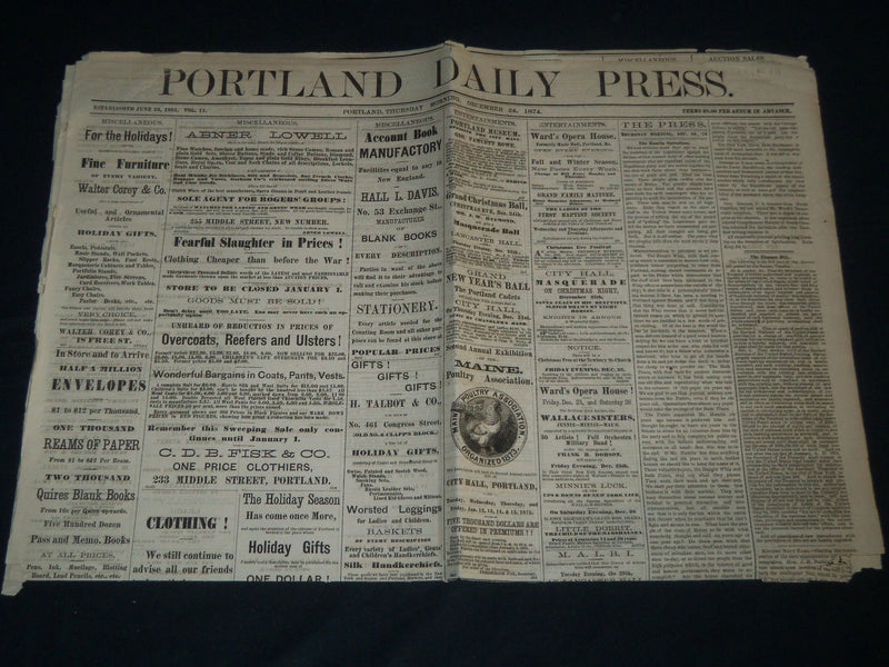 1874 DECEMBER 24 PORTLAND DAILY PRESS NEWSPAPER - THE HAMLIN OPERATIONS- NP 4179