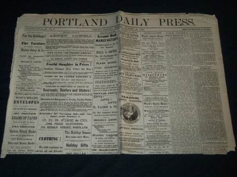 1874 DECEMBER 24 PORTLAND DAILY PRESS NEWSPAPER - THE HAMLIN OPERATIONS- NP 4179