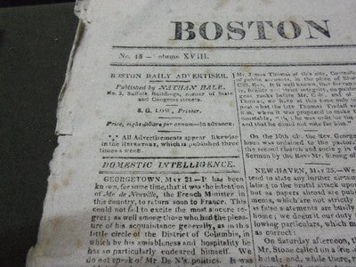 1819 BOSTON DAILY ADVERTISER NEWSPAPER LOT OF 4 DIFFERENT - NP 1478