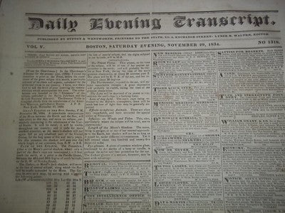 1834 NOV DAILY EVENING TRANSCRIPT NEWSPAPER LOT OF 20 - BOSTON - VOL V- NP 1448