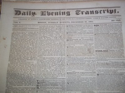 1834 DEC DAILY EVENING TRANSCRIPT NEWSPAPER LOT OF 18 - BOSTON - VOL V- NP 1449