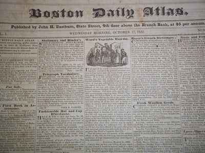 1832 JUL-OCT BOSTON DAILY ATLAS NEWSPAPER LOT OF 26- VOL I - HENRY CLAY- NP 1453