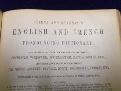 1886 SPIERS AND SURENNE'S FRENCH AND ENGLISH PRONOUNCING DICTIONARY- KD 726J