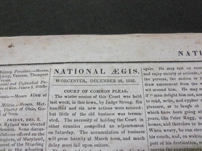 1826 DECEMBER 20 NATIONAL AEGIS NEWSPAPER - WORCESTER MASSACHUSETTS - NP 1476