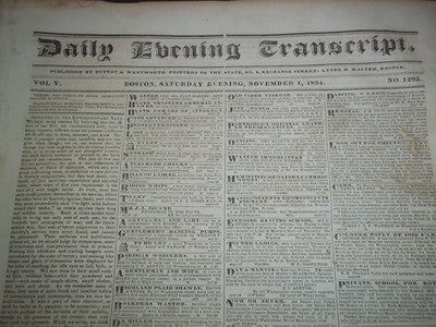 1834 NOV DAILY EVENING TRANSCRIPT NEWSPAPER LOT OF 20 - BOSTON - VOL V- NP 1448