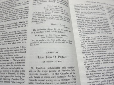 1964 JOHN F KENNEDY MEMORIAL ADDRESSES BOOK INSCRIBED BY JOE MINNISH - KD 1870I