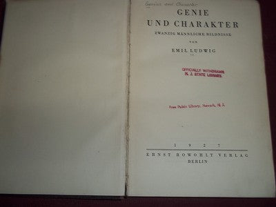 1927 GENIE UND CHARAKTER BOOK BY EMIL LUDWIG - GERMAN - KD 697