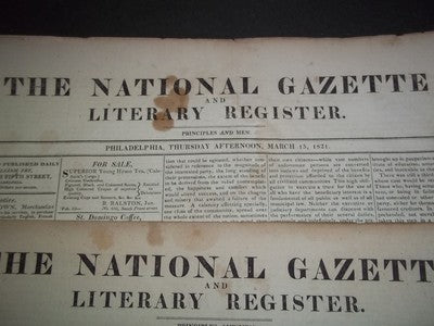 1821 MAR-APR THE NATIONAL GAZETTE & LITERARY REGISTER NEWSPAPER LOT 7 - NP 1427