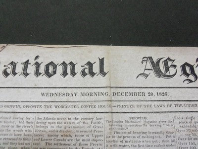 1826 DECEMBER 20 NATIONAL AEGIS NEWSPAPER - WORCESTER MASSACHUSETTS - NP 1476