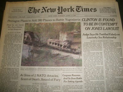 1999 APR 13 NEW YORK TIMES NEWSPAPER - CLINTON IN CONTEMPT OF COURT - NP 1169
