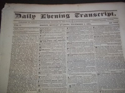 1834 DEC DAILY EVENING TRANSCRIPT NEWSPAPER LOT OF 18 - BOSTON - VOL V- NP 1449