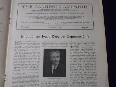 1931 FEBRUARY THE CARNEGIE ALUMNIS MAGAZINE - NICE PHOTOS & COVER - J 1216
