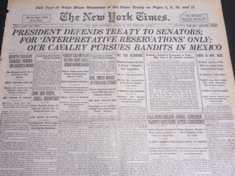 1919 AUGUST 20 NEW YORK TIMES - PRESIDENT DEFENDS TREATY TO SENATORS - NT 6962
