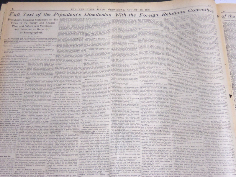 1919 AUGUST 20 NEW YORK TIMES - PRESIDENT DEFENDS TREATY TO SENATORS - NT 6962