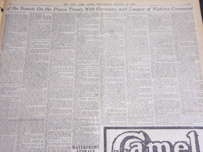 1919 AUGUST 20 NEW YORK TIMES - PRESIDENT DEFENDS TREATY TO SENATORS - NT 6962