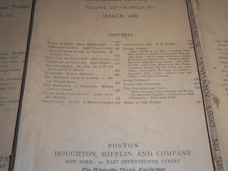 1886-1887 THE ATLANTIC MONTHLY MAGAZINE LOT OF 7 - STORIES & ARTICLES - WR 341A