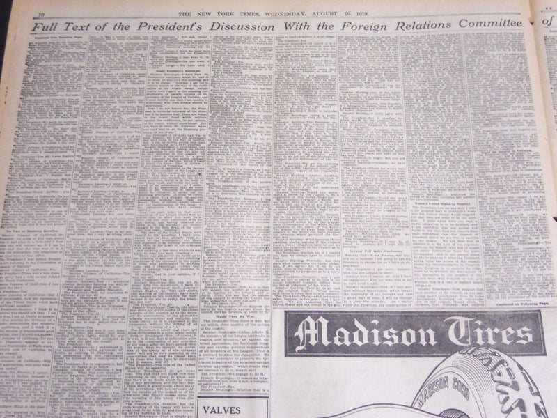 1919 AUGUST 20 NEW YORK TIMES - PRESIDENT DEFENDS TREATY TO SENATORS - NT 6962